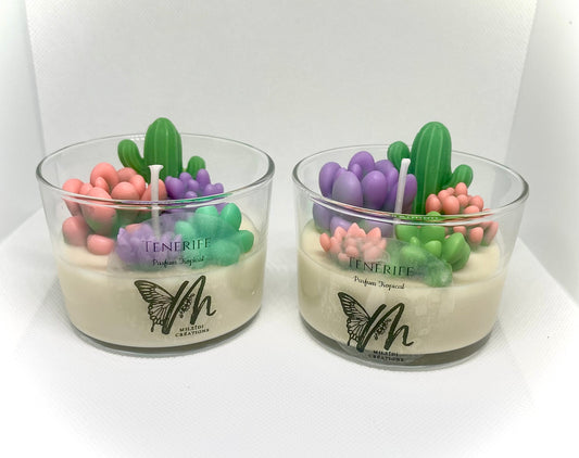 Détail bougie décorative Tenerife avec cactus en cire parfum tropical zen