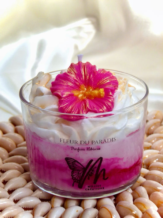 Bougie artisanale Fleur du Paradis hibiscus rose fuchsia parfum floral tropical fait main